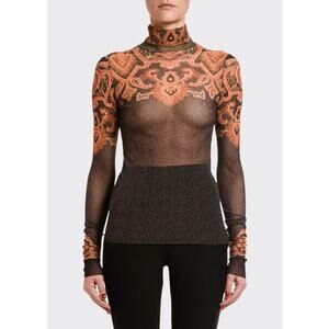 Etro Engineer Paisley Print Turtleneck Top Black Sheer Long Sleeve Sz 44 / 8 US